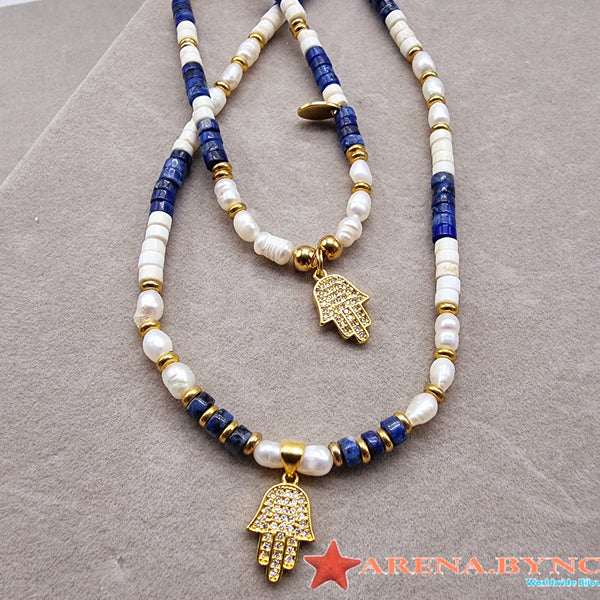 Collar Lapislázuli con Perlas y dije de Mano de Hamsa