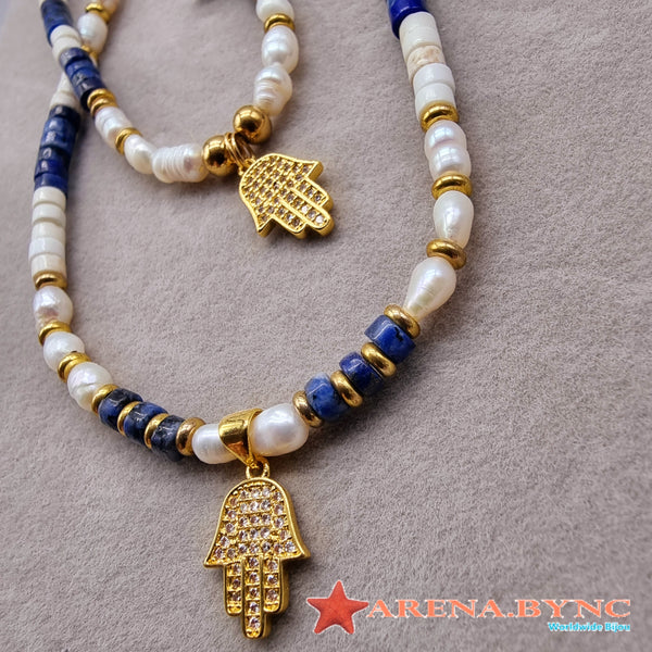 Collar Lapislázuli con Perlas y dije de Mano de Hamsa