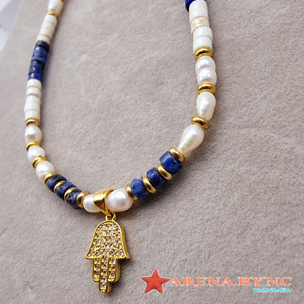 Collar Lapislázuli con Perlas y dije de Mano de Hamsa