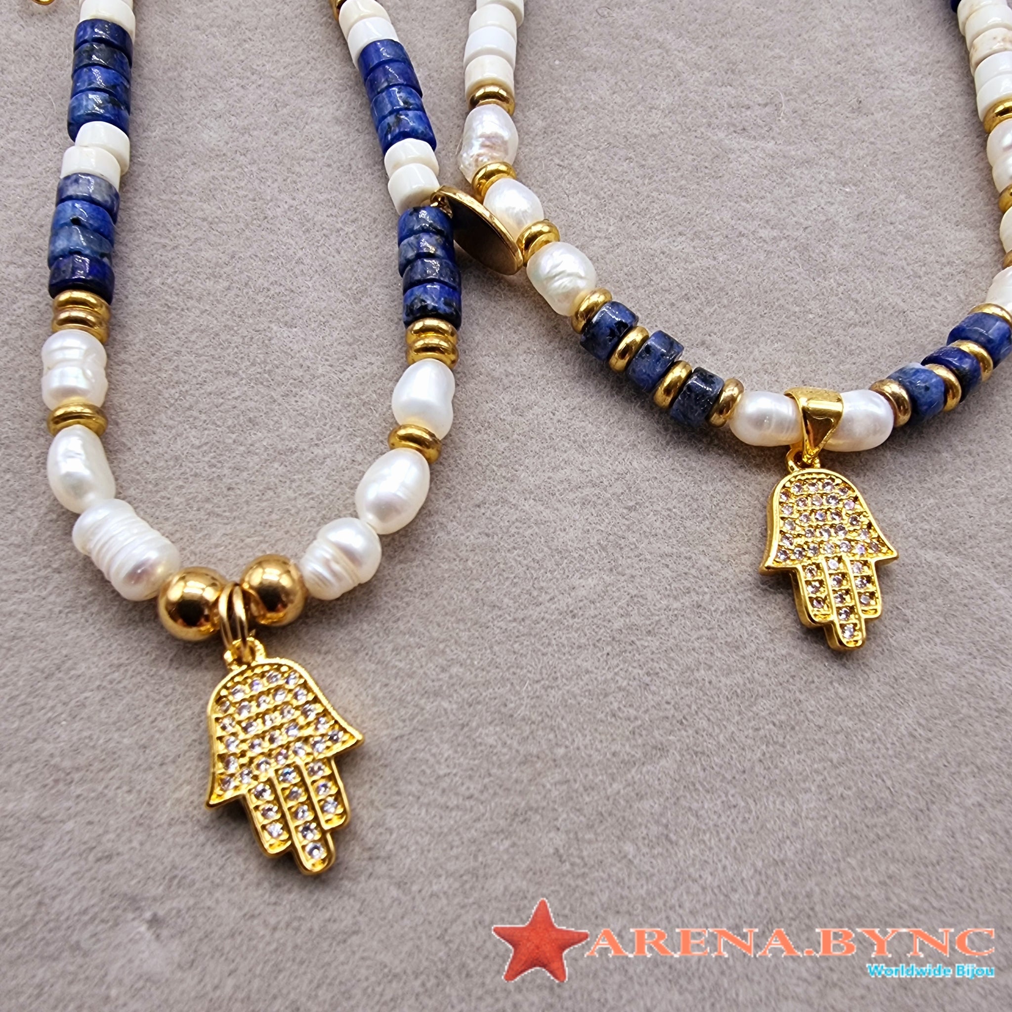 Collar Lapislázuli con Perlas y dije de Mano de Hamsa