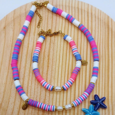 Juego Collar y Pulsera Rosa-Lila con Perla